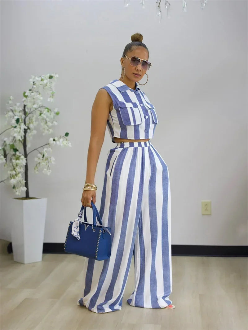 Striped Two Piece Shirt And Wide Leg Pants Set for Women