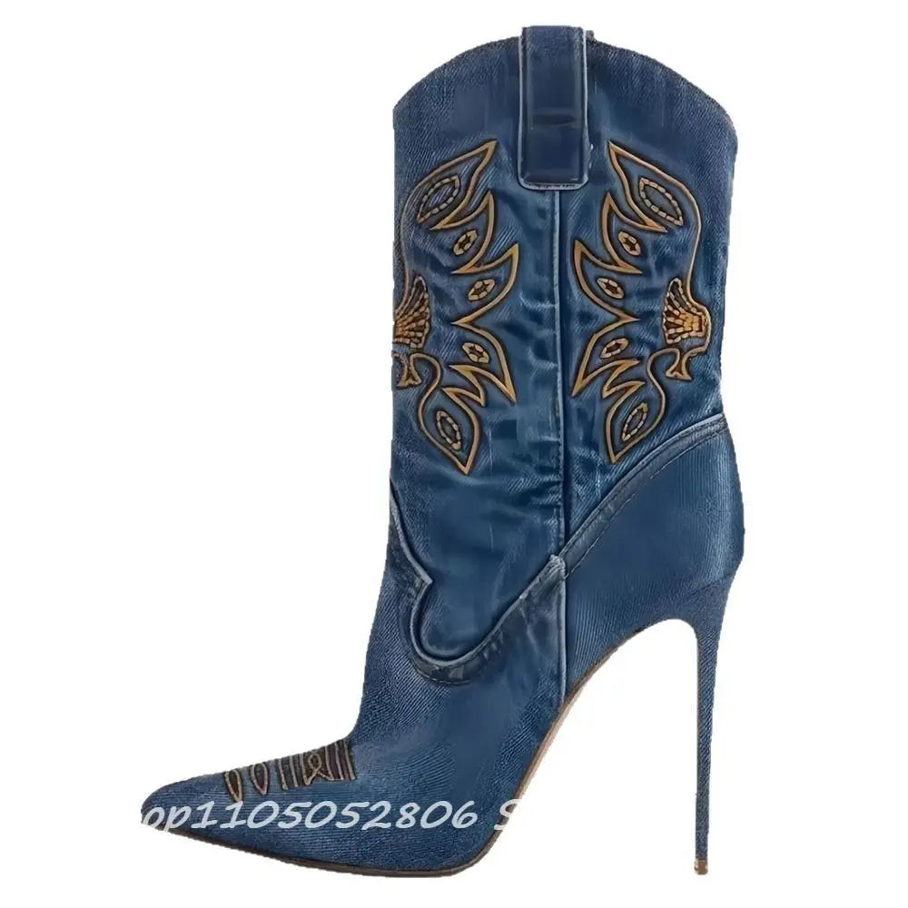 Embroidery Punk Point Toe Mid Calf Boots With Thin Heel For Women