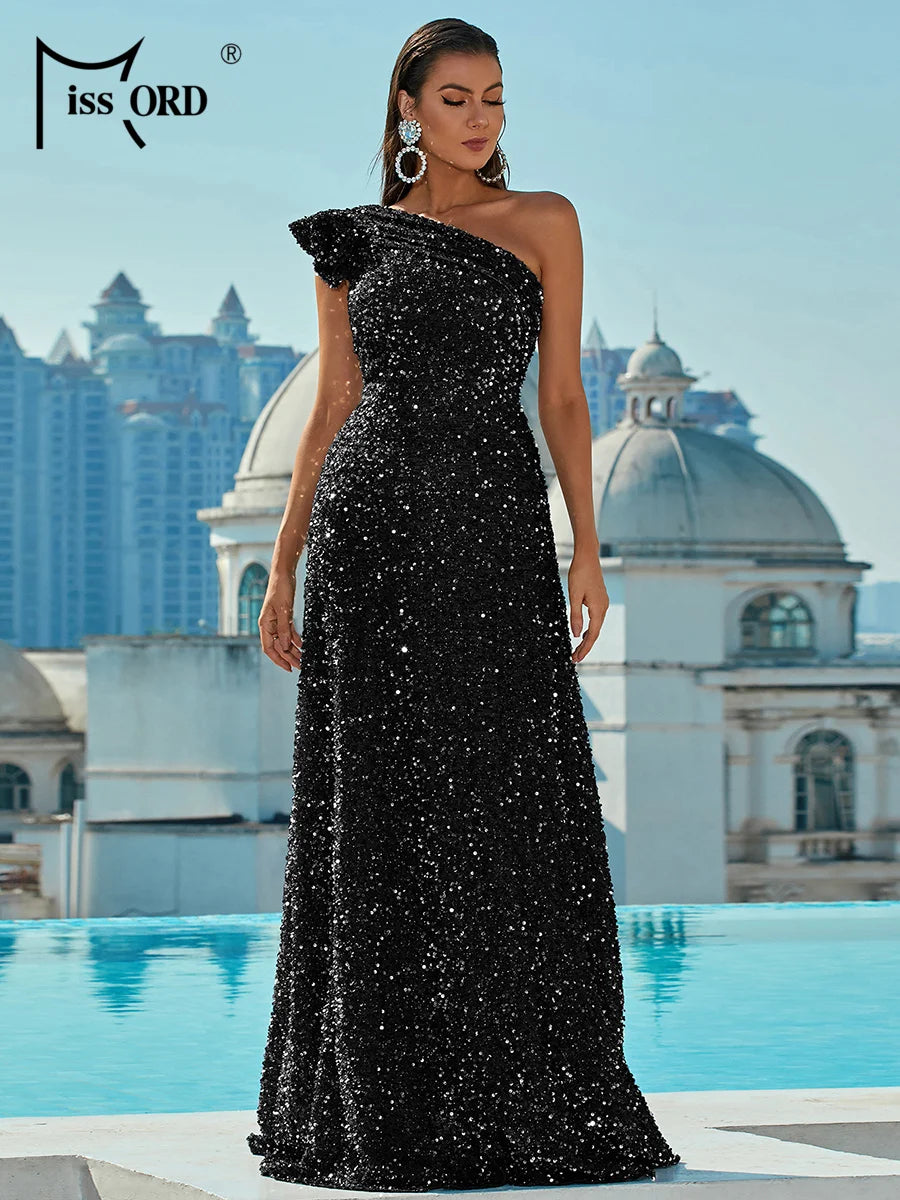 Missord Grey Sequin Wedding Party Dress Elegant Women One Shoulder Sleeveless Ruffles A-line Prom Evening Dresses Long Gown