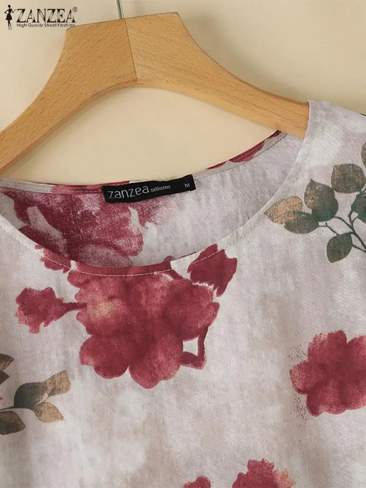 2024 Autumn 3/4 Puff Sleeve Tees ZANZEA Women Round Neck Tops Vintage Ethnic Style T Shirt Holiday Floral Printed Smock Blouse