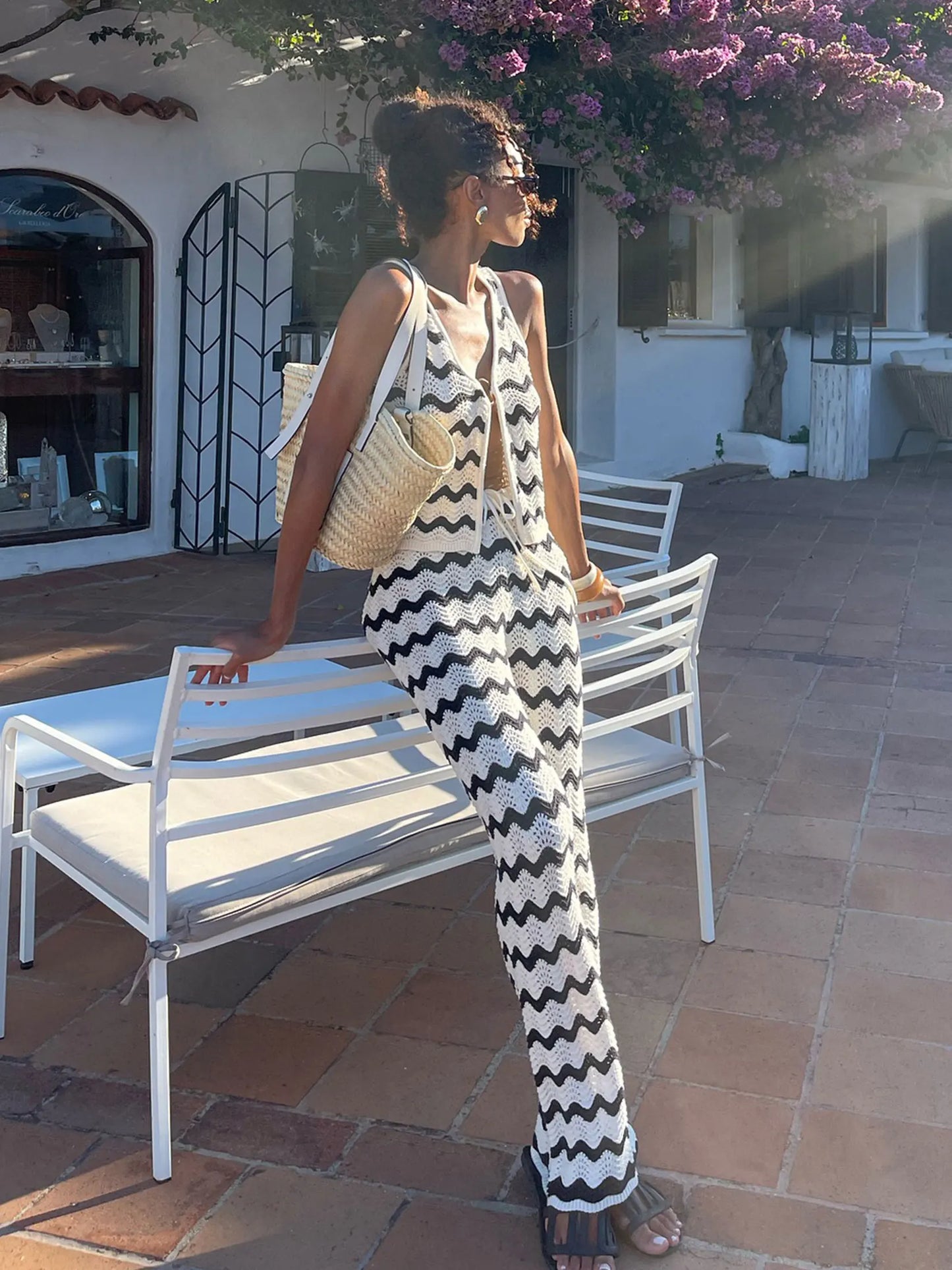 2025 Wave Striped Knit 2 Piece-Set Women's Fashion Top Lace-up Long Pant Knitwear Sets Holiday Swimsuit Cover Up Outfits K130