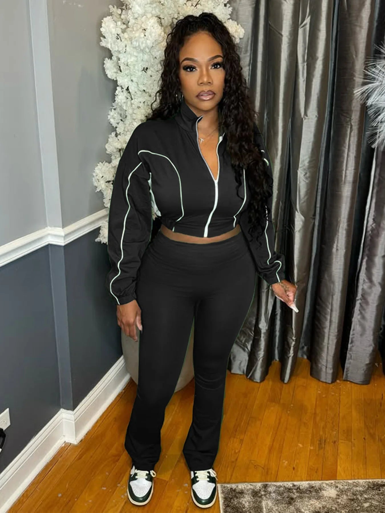FAGADOER Casual Stripe Patchwork 2 Pieces Set for Woman Zip Long Sleeves Ruched Crop Top + Flare Pants Tracksuit Female Jogger