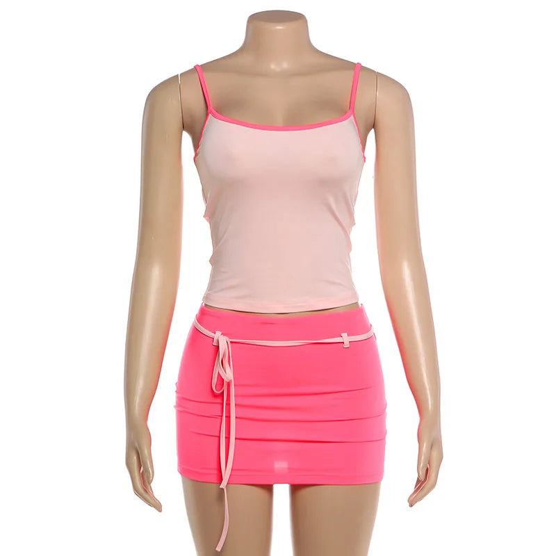 Color Blocking Two Piece Set Backless Camisole And Tassel Skirt for Women