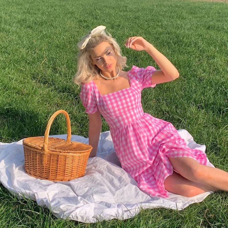 Vintage Pink Plaid Square Collar Puff Sleeve Midi Dress for Women