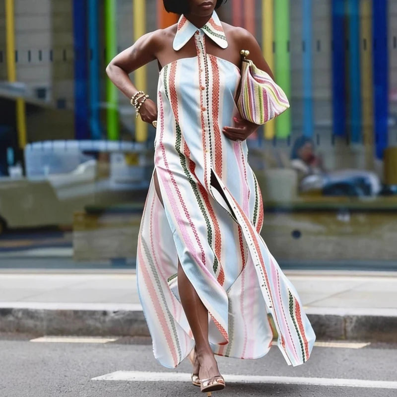 Striped Off Shoulder Hollow Midi Casual Dress for Women