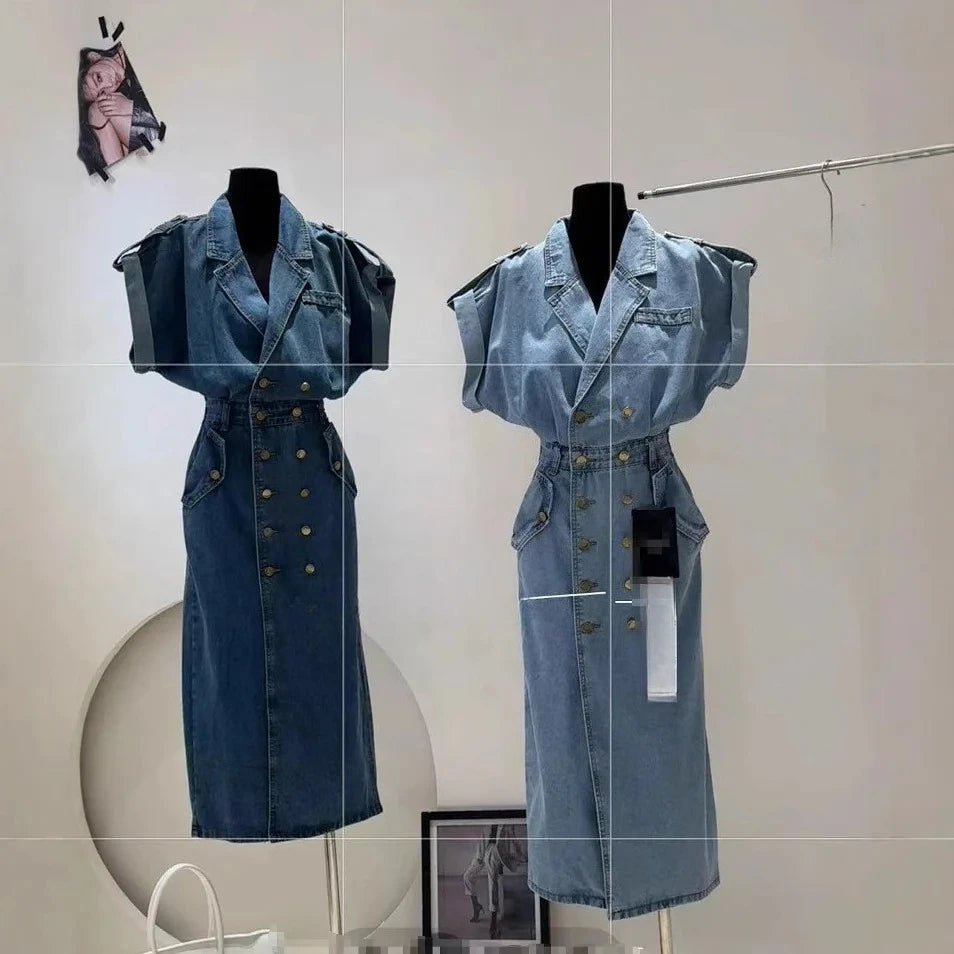Classic Single Breasted Lapel Denim Midi Skirt For Women