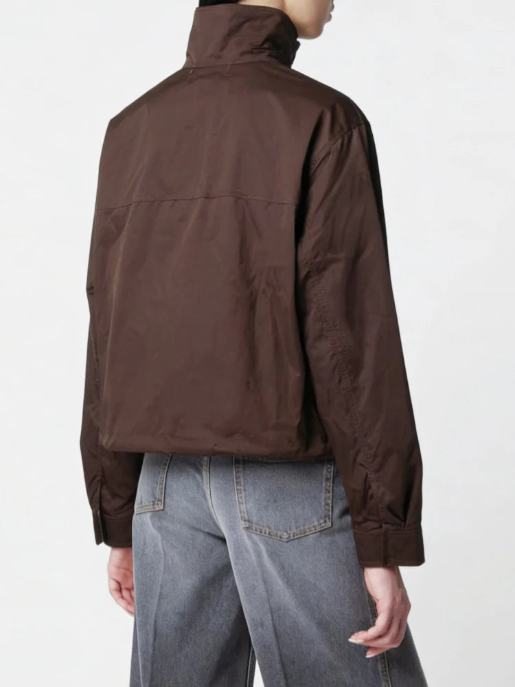 Casual Solid Jacket With Stand Collar And Pockets for Women