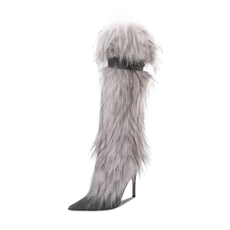 Elegant Faux Fur Knee High Stiletto Boots for Women