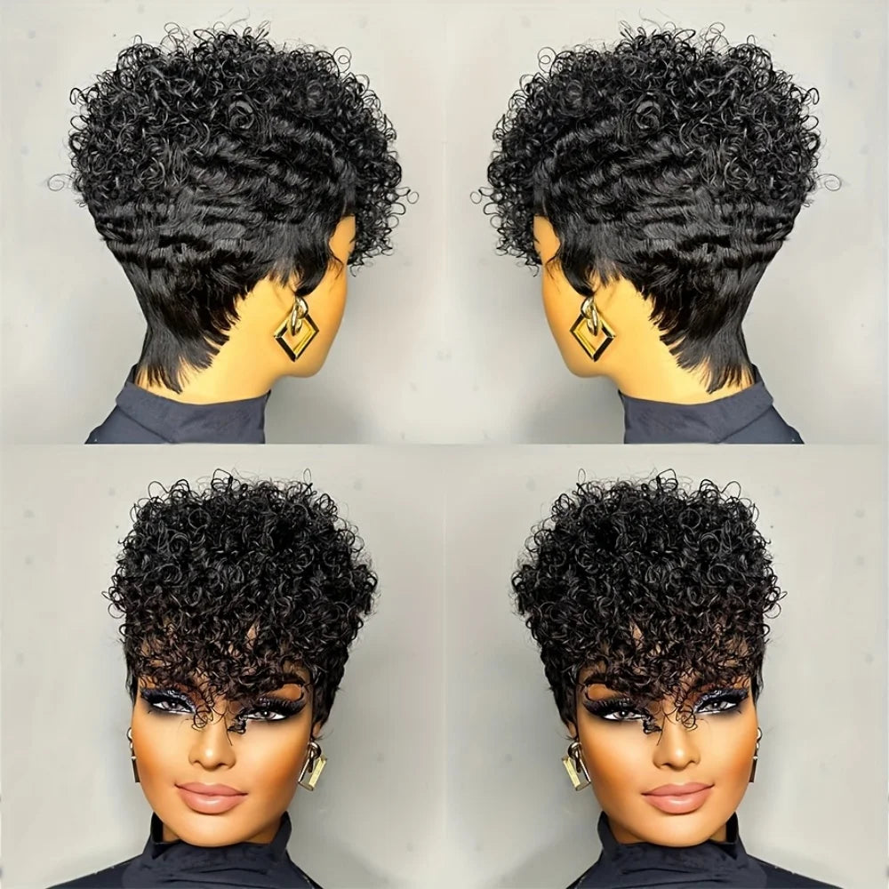Short Natural Black Human Hair Pixie Cut Wig for Curly Wigs Urban Edge Wave Full Machine Made For Women