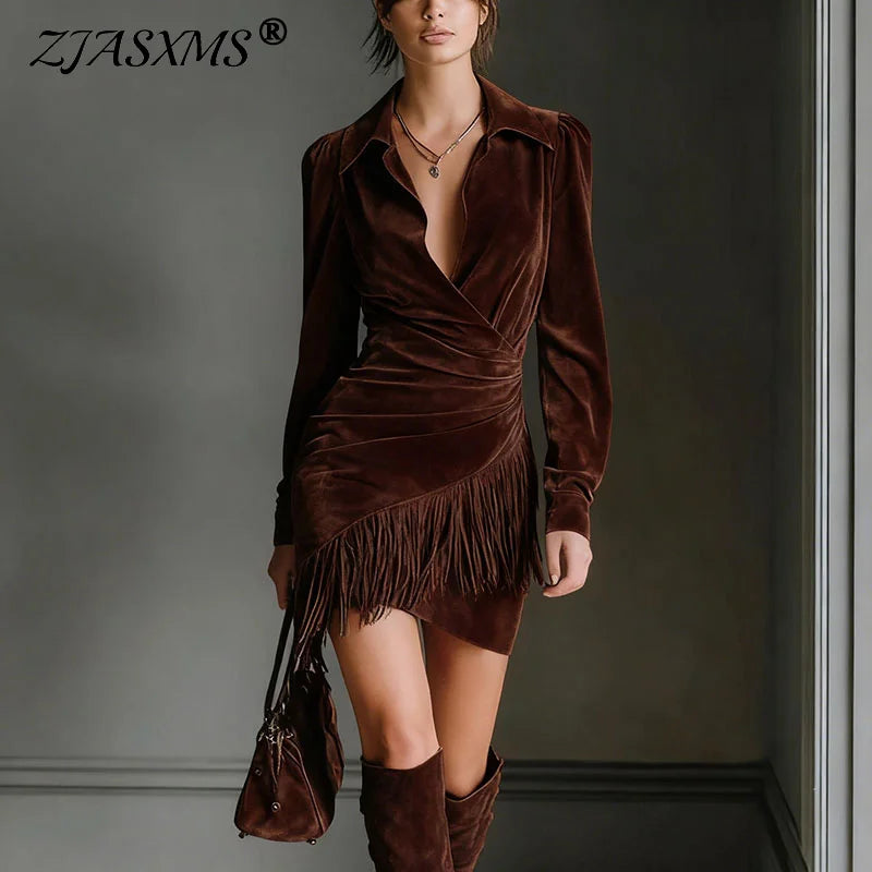 2026 Spring Retro Imitation Suede Tassels Party Dress Woman Sexy Lapel Draped Irregular Dress Autumn Long Sleeve Slim Mini Dress