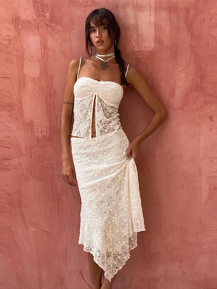 Elegant Chic Two Piece Lace Top and Skirt Set for Women