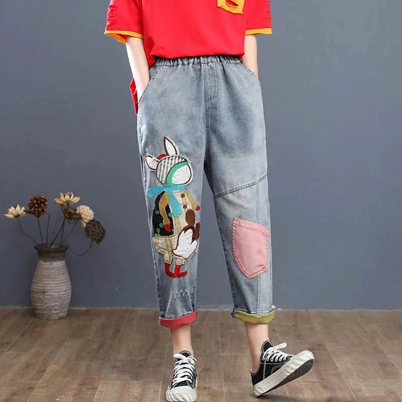 Jeans Woman High Waist Spring Summer Retro Embroidery Denim Trousers Ladies Elastic Waist Harem Pants Loose Jean Femme Pant 124