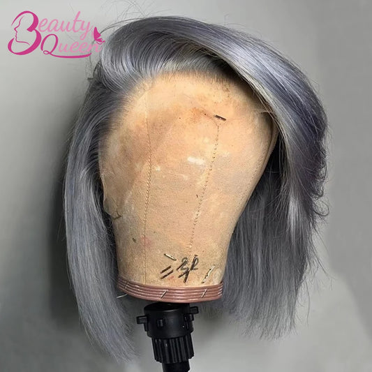 Grey Bob Human Hair Wigs Lace Front Silver Grey 13X4 Lace Frontal Bob Wig Pix Cut Straight Colored Human Hair Wigs 200% Density