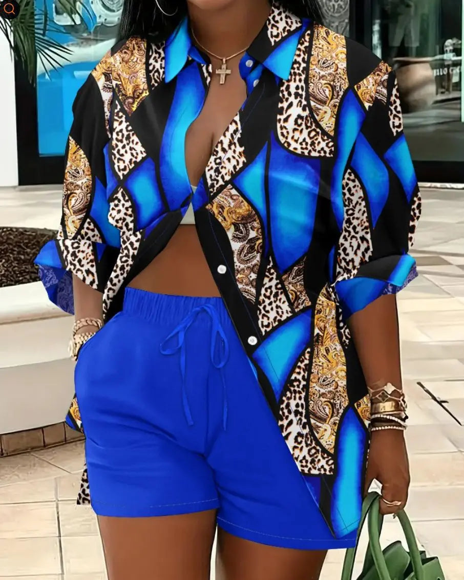 Casual Geometric Print Shirt Shorts Two Piece Set for Women