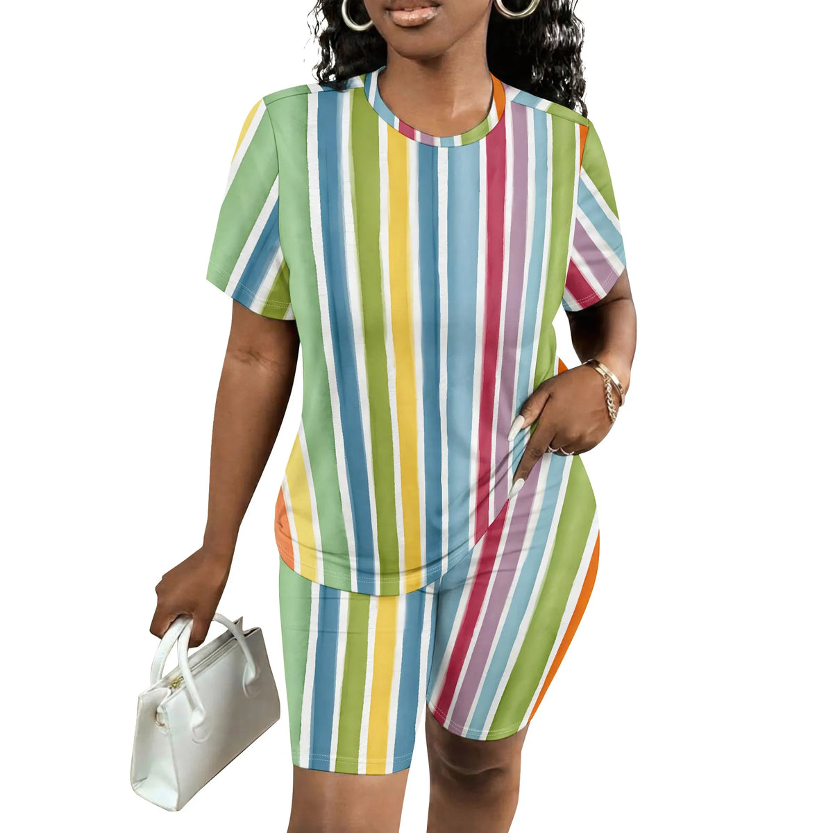 Colorful Striped Summer Top and Shorts Set for Women