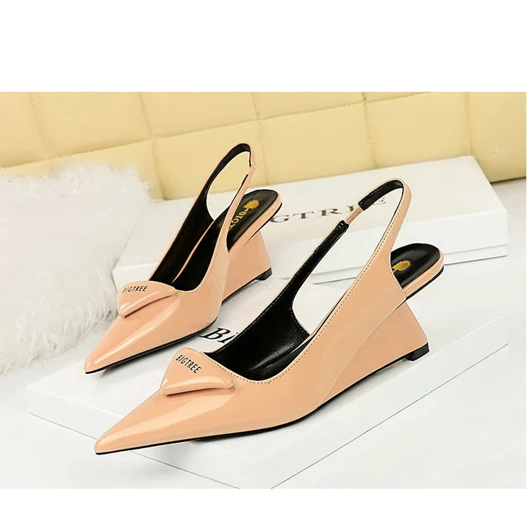 Patent Leather Wedge Heel Pumps With Back Strap for Women