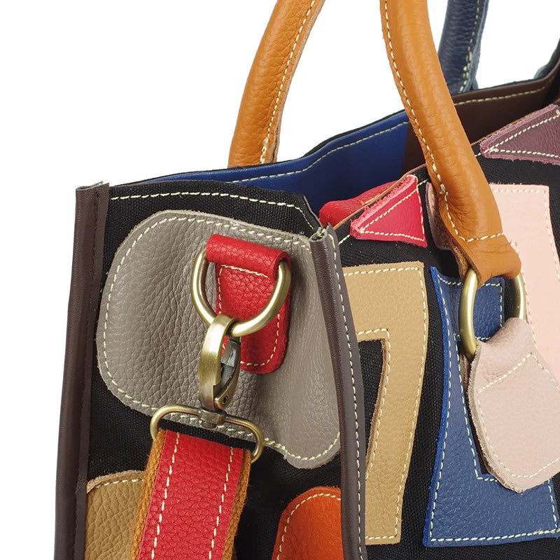 Genuine leather women's bag, ethnic style color contrasting design, large capacity tote bag, women's handbag