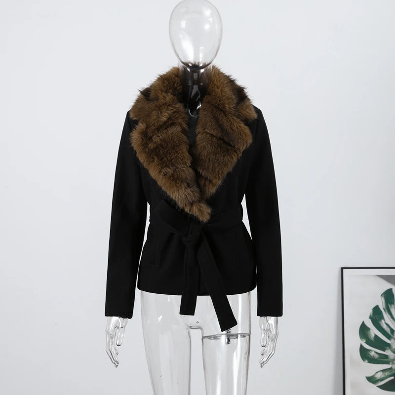 Shawl Faux Fur Coat With Lace Up Belt for Women