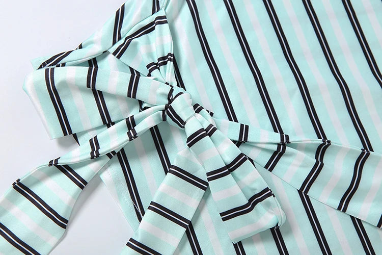 Striped Patchwork Two Piece Set With Skew Collar And Bike Shorts for Women