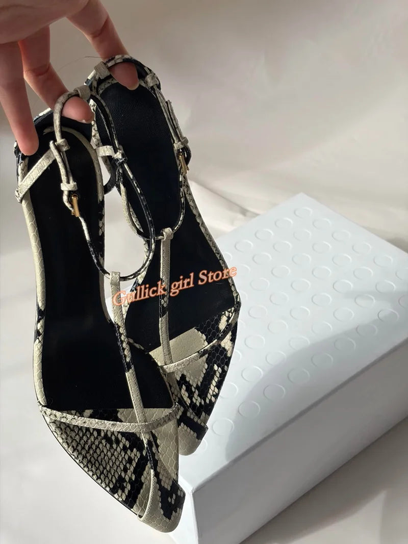 Snake Skin Kitten Heel Sandals T Strap Pointed Toe for Women