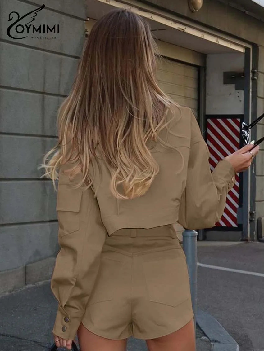 Oymimi Casual Khaki Womens 2 Piece Outfit Set Fashion Long Sleeve Button Pockets Shirts And High Waist Simple Shorts Streetwear