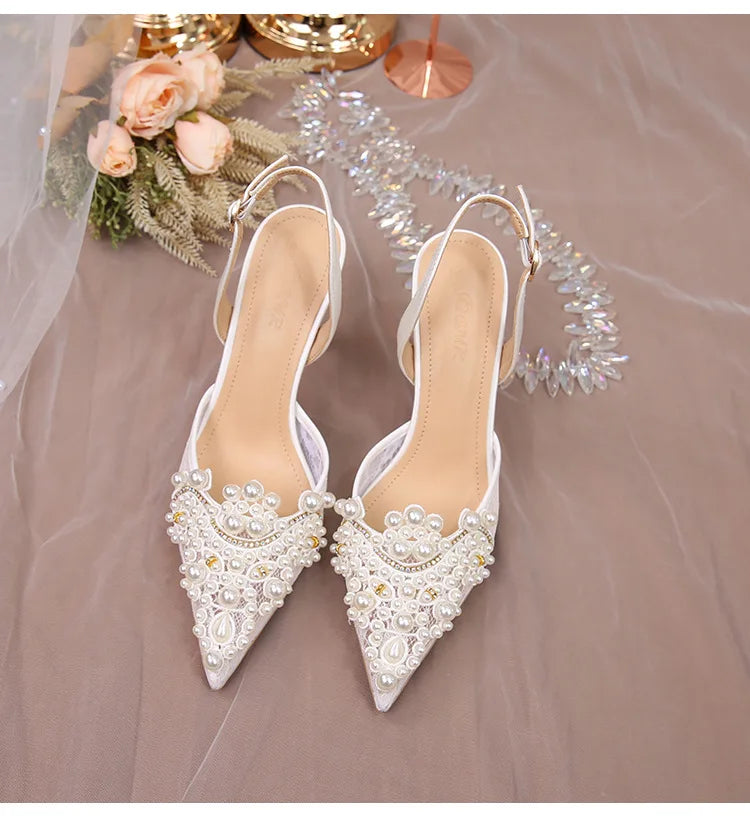 Lace Pearl Beaded Pointed Toe Stiletto Heels for Women