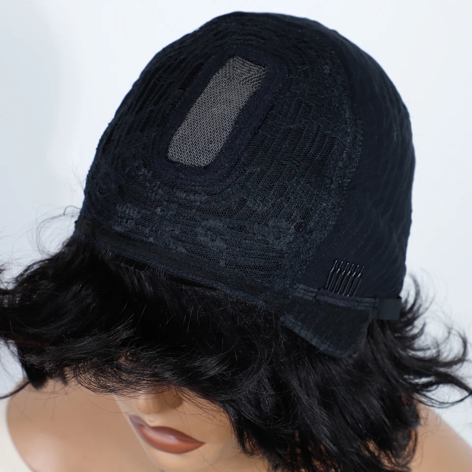 Remy Human Hair Short Pixie Cut Wavy Bob Lace Closure Wig for Women