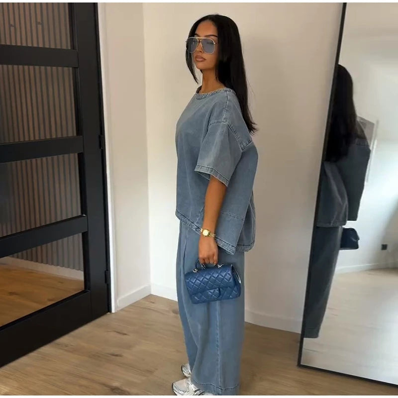 Oversized O Neck Casual Denim Two Piece Set for Women