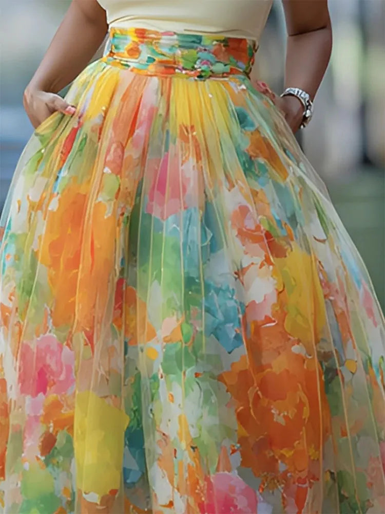 Elegant Patchwork Print Ankle Length Skirt for Women