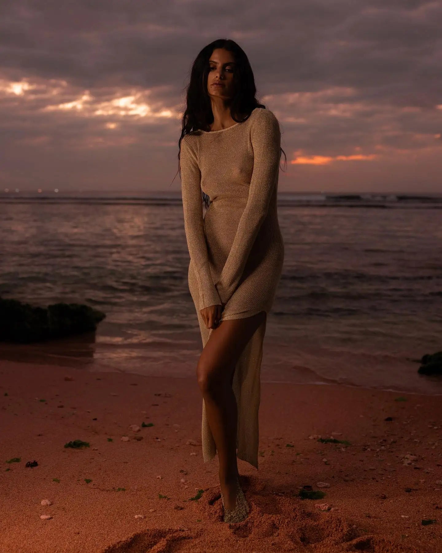 Sexy Knit Beach Swimsuit Cover Up 2025 Women Summer See-through Slim Backless Tassel Tie-up Long Sleeve Slit Gorgeous Dress K65