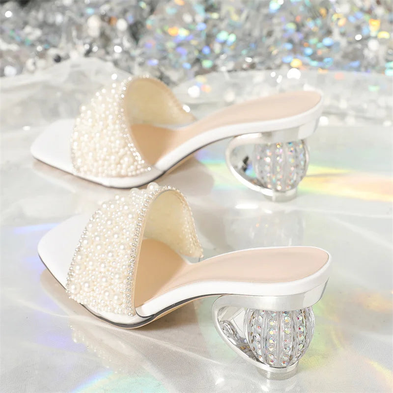 White Pearl Beaded Embellished Strappy Sandals for Women