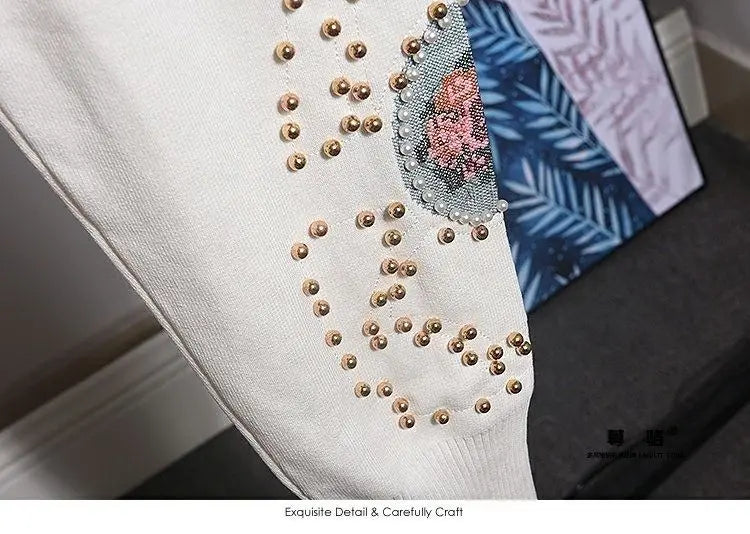 Spring Autumn Women Knitting Suits Trendy Beading Cross Stitch Pullover Sweater Top + Loose Casual Harem Pants White Knit Sets