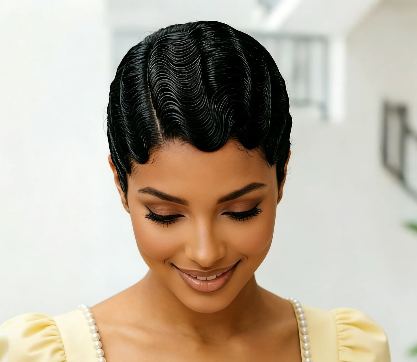 13X4 Lace Front Wig Brazilian Human Hair Finger Wave Short Pixie Cut Wig for Women 180% Density