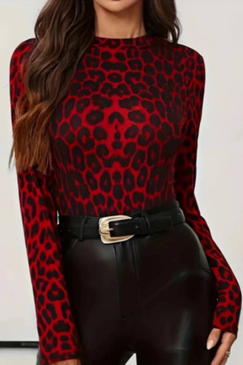 Leopard Print Slim Fit Long Sleeve Knit Top for Women