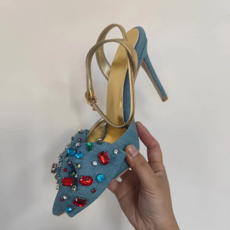 Crystal Rhinestone Bow Denim Pointed High Heel Sandals for Women