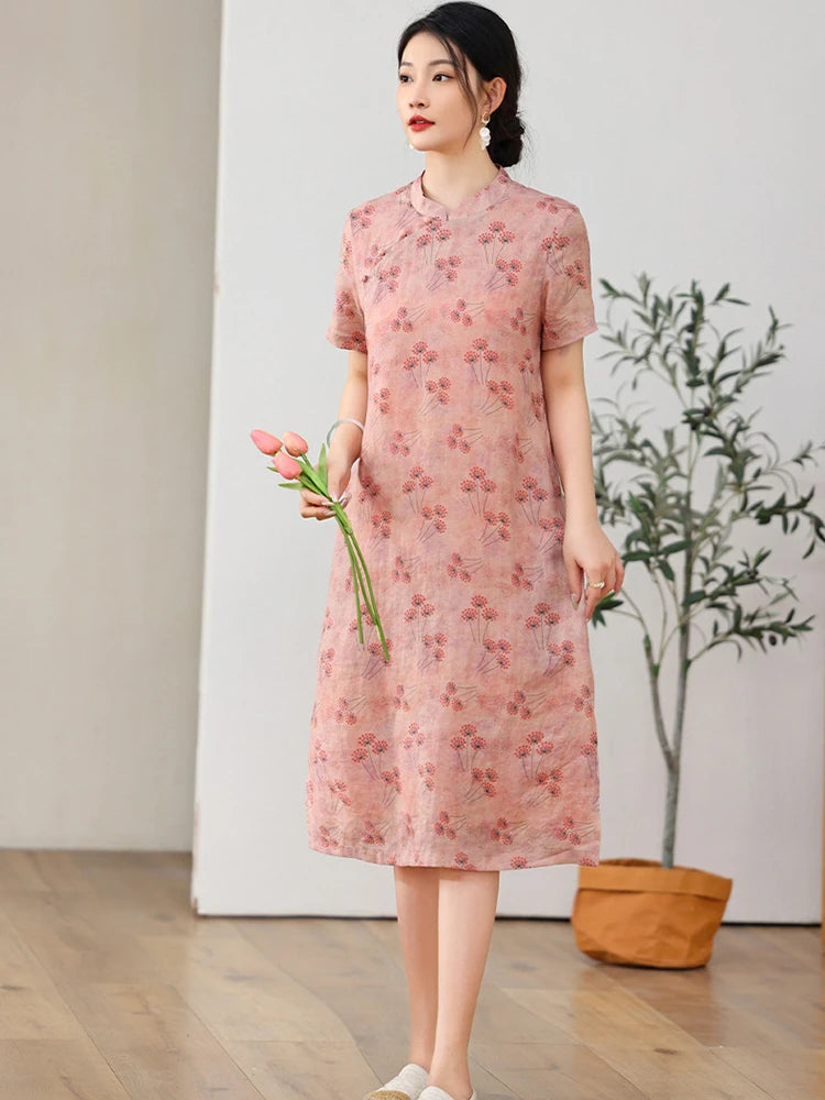 Elegant Floral Vintage Ramie Cheongsam Dress for Women