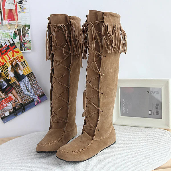 Vintage Inspired Fringe Lace Up Knee High Boots for Women
