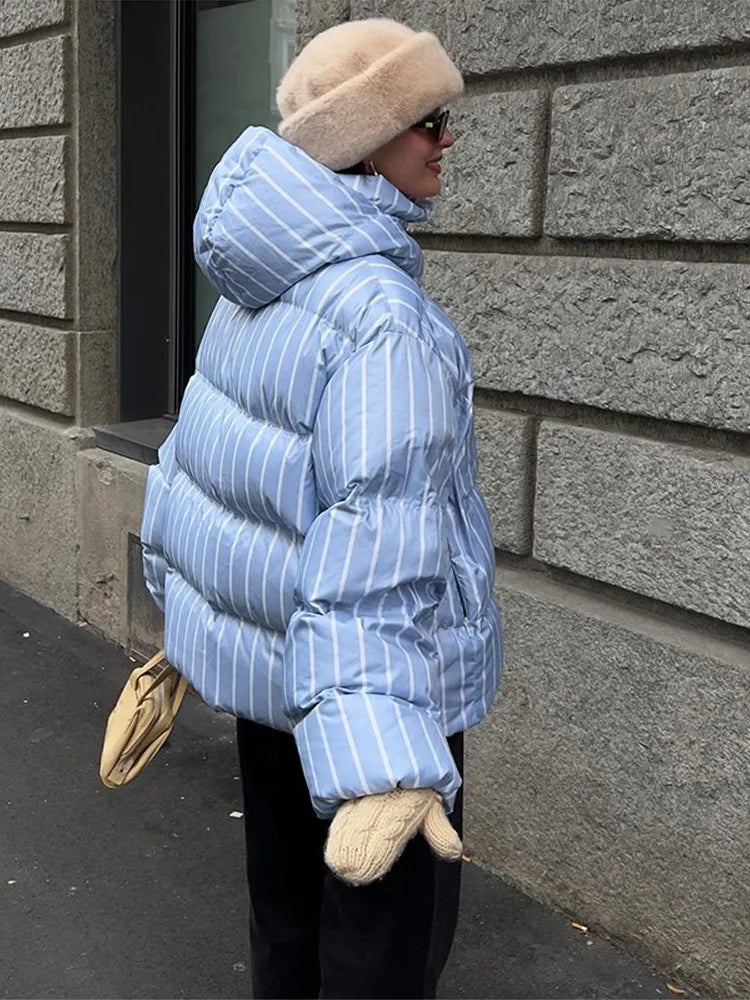 Striped Cotton Quilted Coat Single Breasted for Women