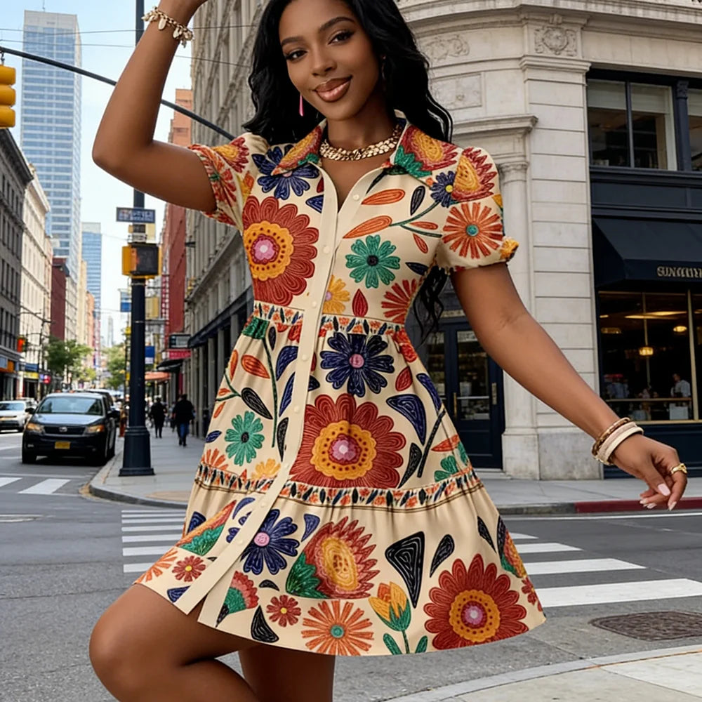 Vintage Floral Print Ruffle Mini Shirt Dress for Women