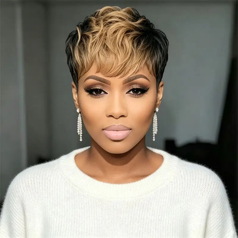 Curly Layered Ombre Short Pixie Cut Human Hair Wig for Women