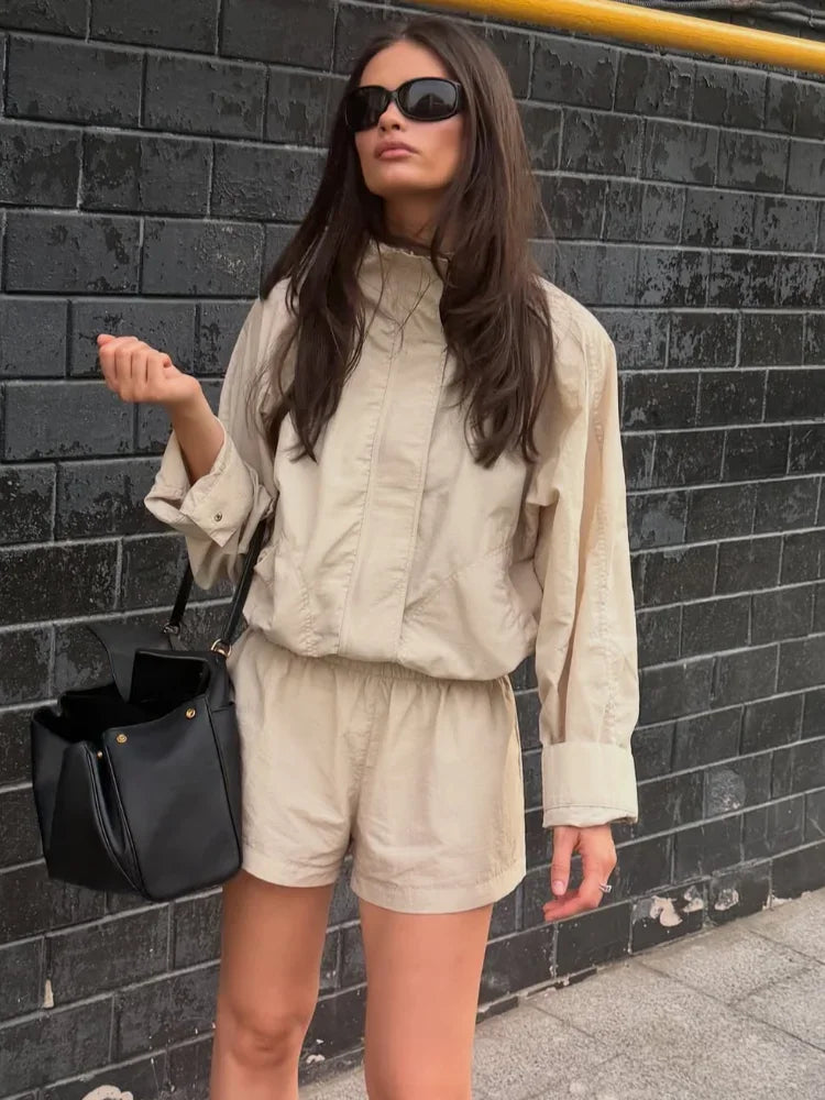 Loose Fit Zip Up Windbreaker Jacket and Shorts Set for Women