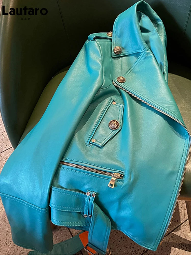 Bright Green Faux Leather Biker Jacket With Adjustable Waist For Women