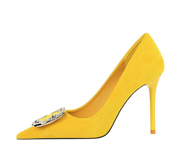 Elegant Rhinestone Buckle Suede High Heel Pumps for Women