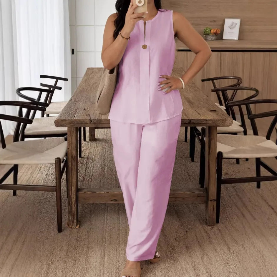 Vintage Button Tank Top and Elastic Waist Pants Set for Women