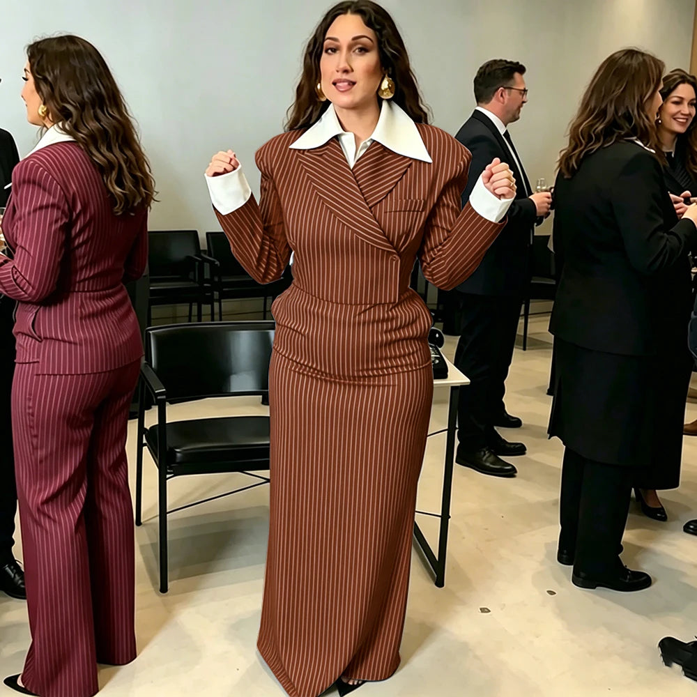 Navy Pinstripe Single Breasted Blazer Skirt Set for Women