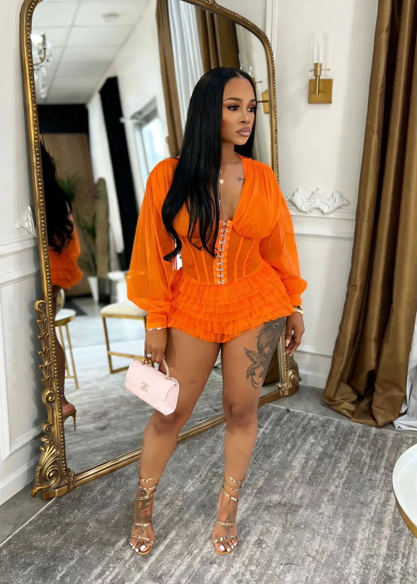 Mesh Ruched Patchwork See Through Long Sleeve Bodycon Rompers for Women
