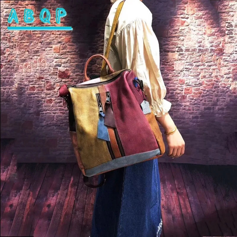 ABQP New Women's Backpack Luxury Brand Genuine Leather Handmade Color Women's Backpack Large Capacity Travel Leisure Backpack