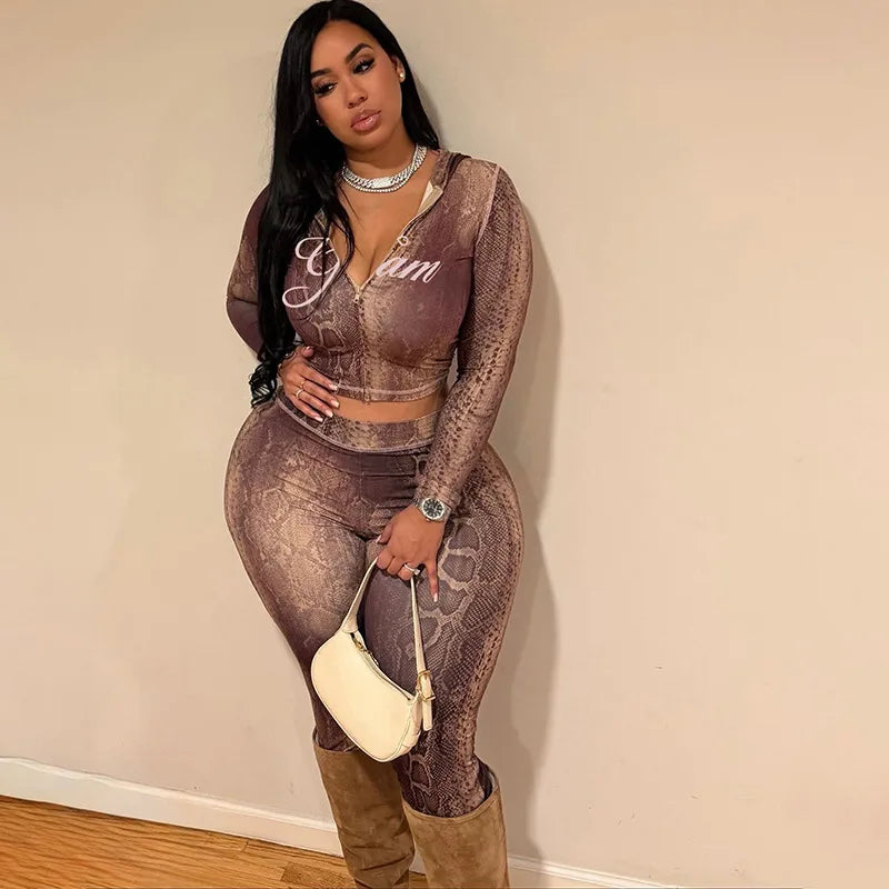 Snake Print Zip Jacket and Pants Two Piece Set for Women