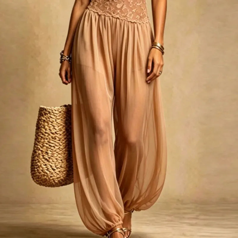 Sheer Lace Halter Neck Loose Fit Jumpsuit for Women