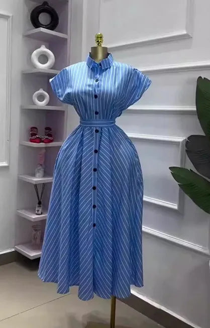 Vintage Striped Flounce Neck Shirt Collar Dress For Women